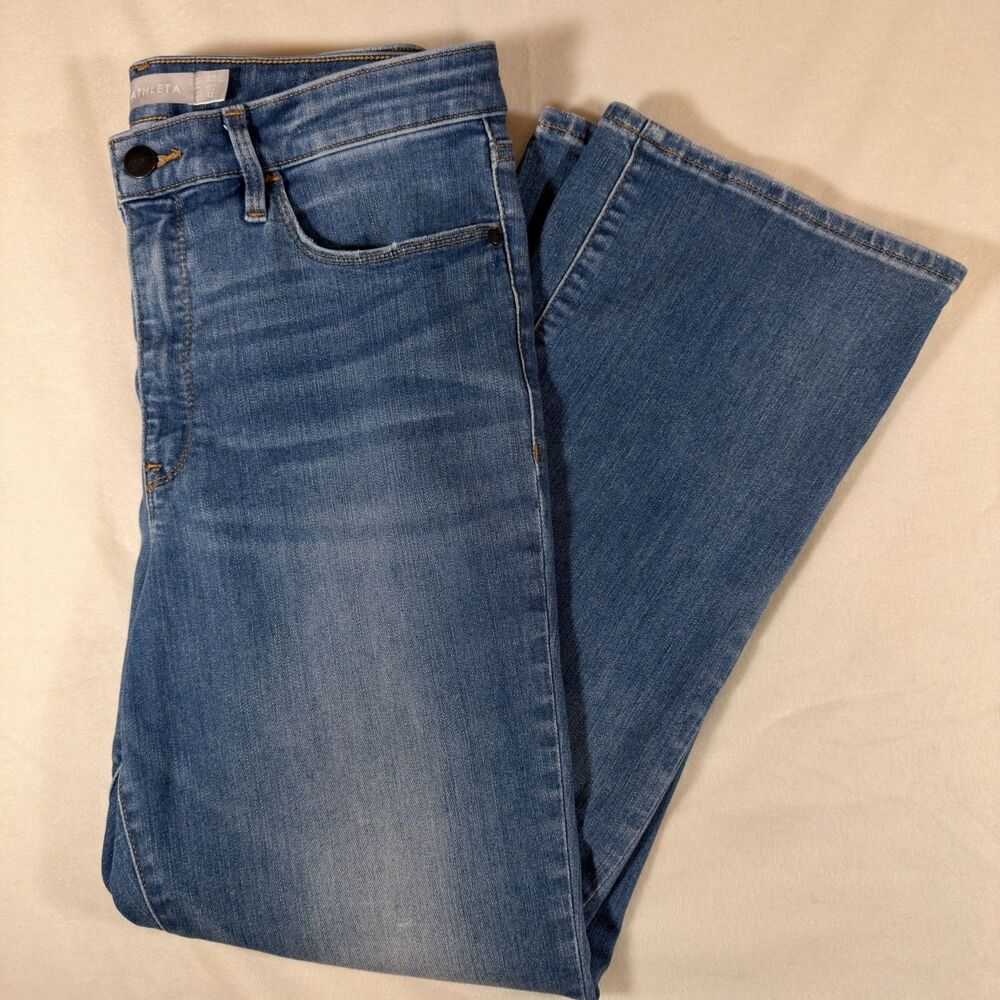 Athleta Sculptek Denim Blue Jeans Size 12 Straight Leg High Rise Boot Cut